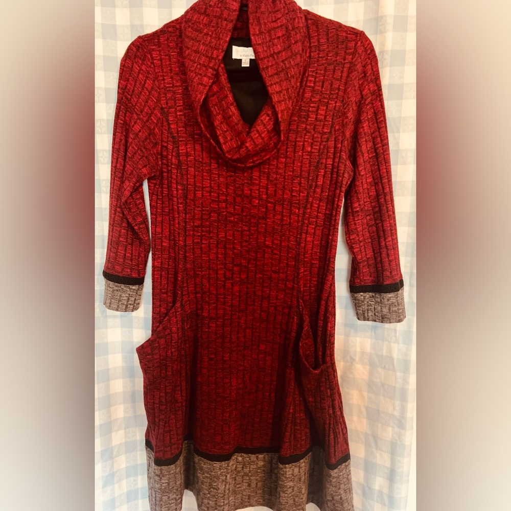 Red dress with black and grey accents